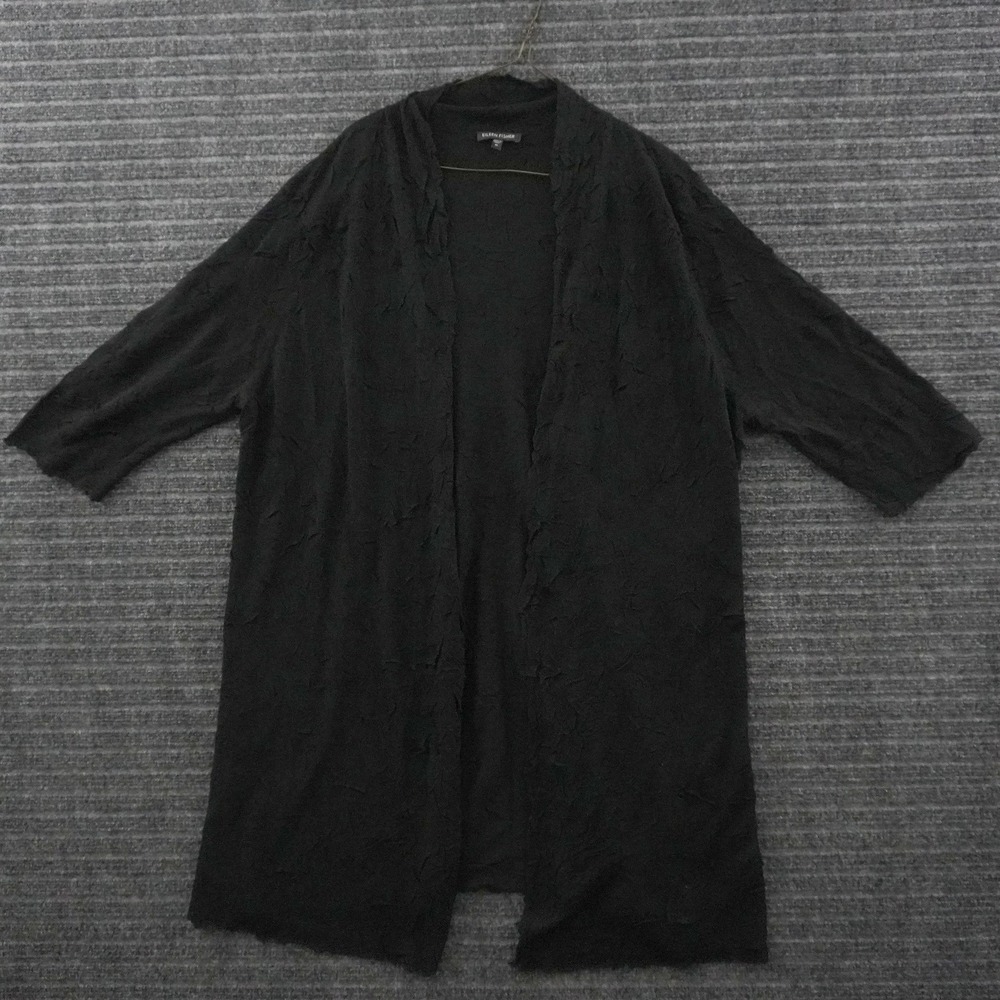 Eileen Fisher Cardigan Women XL Black Textured Open Front Longline Relaxed